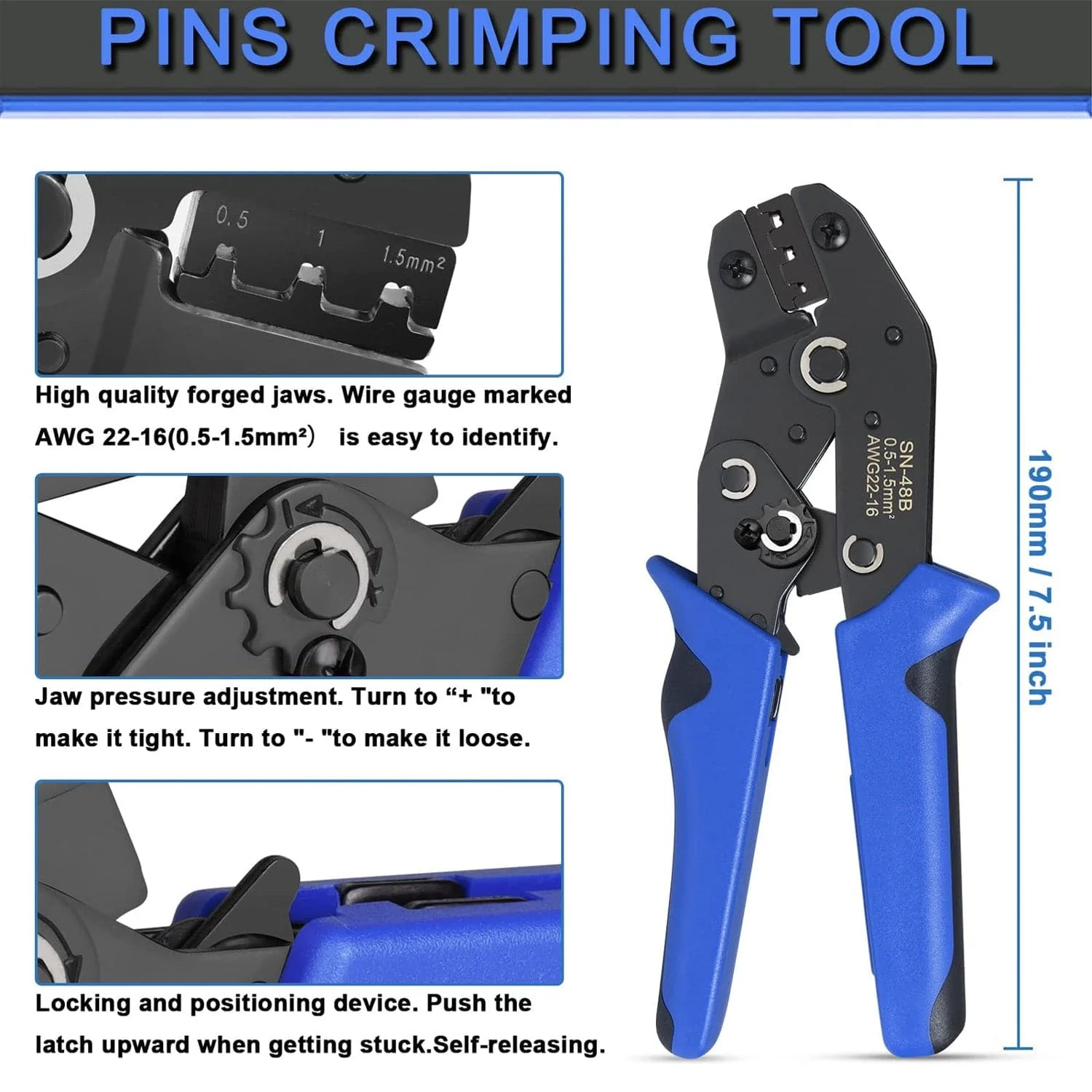 500Pcs Wire Terminal Crimping Tool Kit, Ratcheting Wire Crimper AWG 22-16(0.5-1.5mm²) with 500Pcs Female Male Spade Connectors & Bullet Connectors Terminals - RS6189 - Image 3