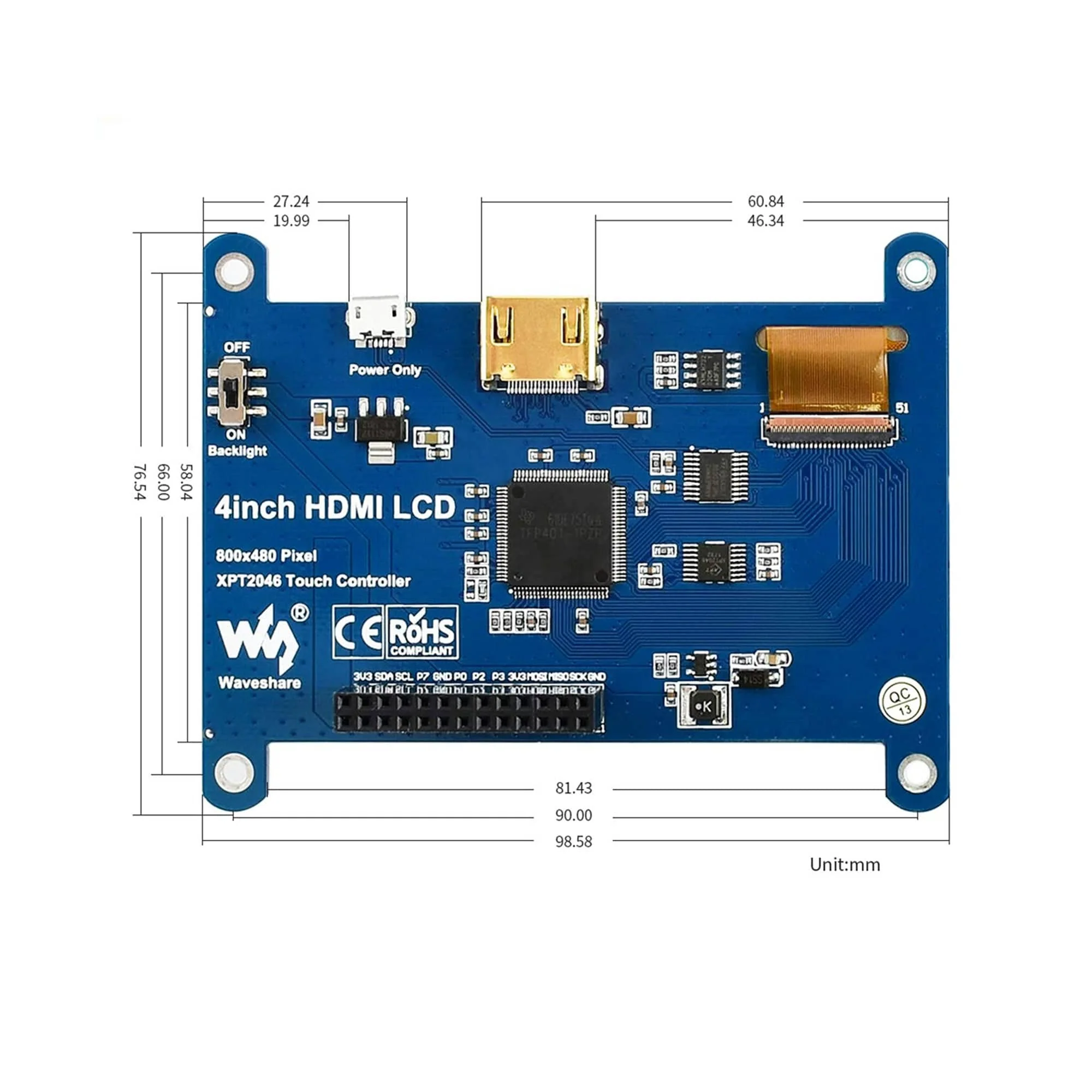 Waveshare 4inch Resistive Touch Screen LCD, 480x800, HDMI, IPS, Low Power for Raspberry Pi 4B/3B+/3B/2B/B+/A+/Zero W, Support Raspbian/Ubuntu/Kali/Retropie - RS1965 - Image 3